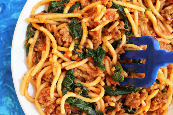 One Pot Spag, Meat Sauce, Spinach