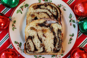 Chocolate Cinnamon Raisin Spiral Christmas Bread